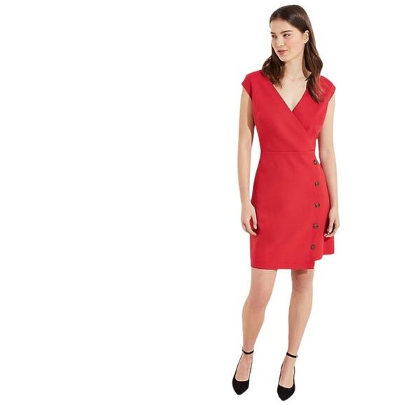 LOFT Sleeveless Faux Wrap V-Neck Cap Sleeve Dress Red Size 2 NWT Side Buttons - Picture 1 of 11